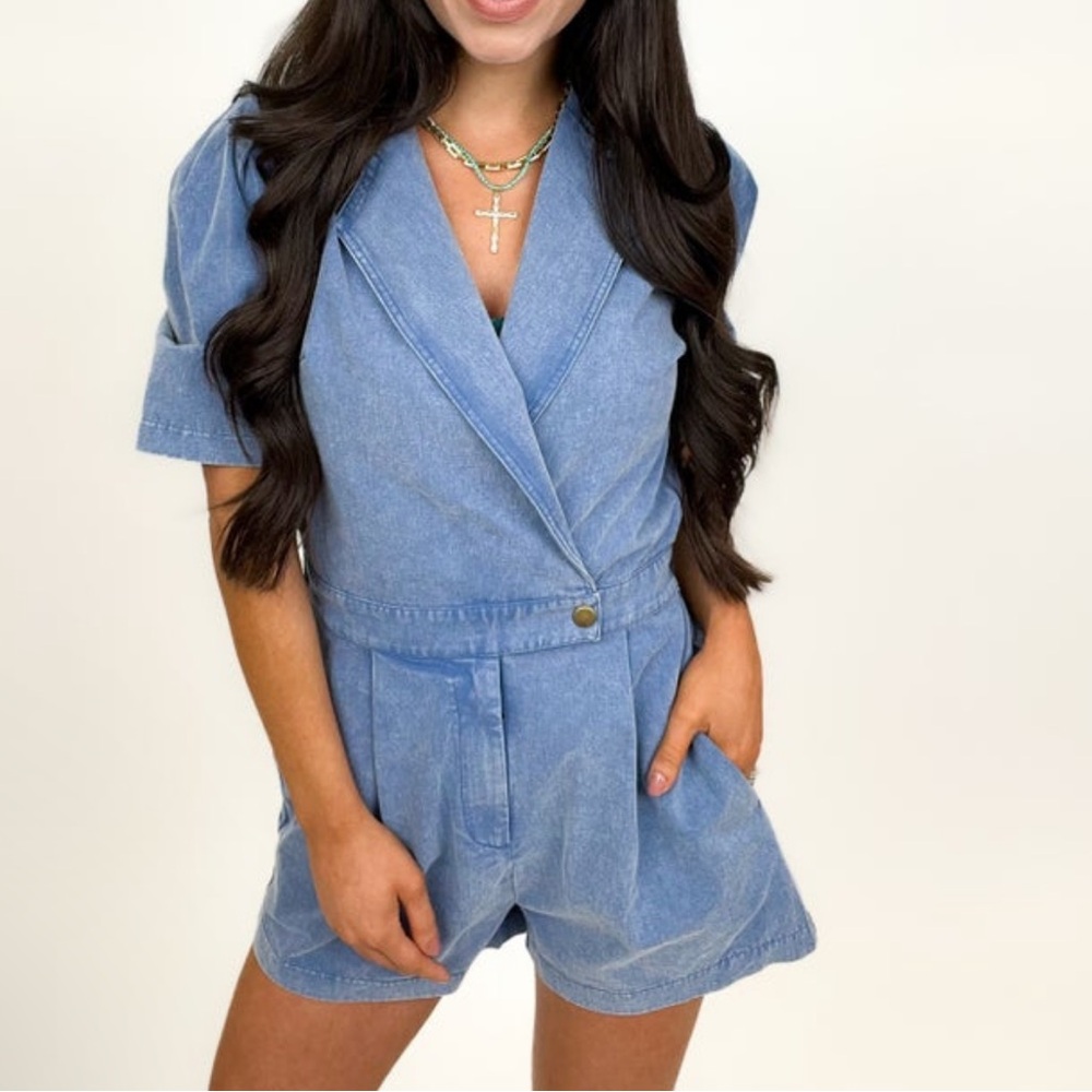 New Oddi Mineral Wash Puffed Sleeves Romper in Denim Sz 2X